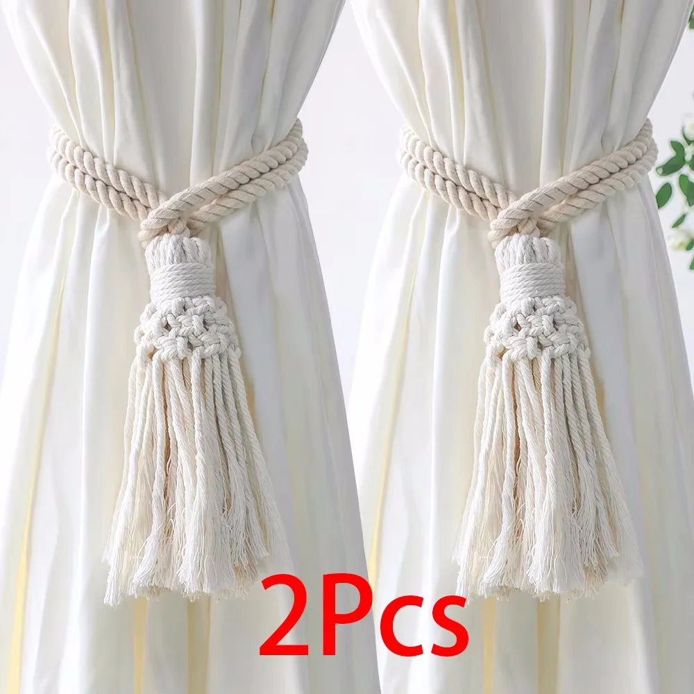 Handmade Macrame Curtain Holdbacks,Wooden Bead Curtain Tiebacks,Boho Home Decoration,Cotton Hanging Rope Curtains Accessories