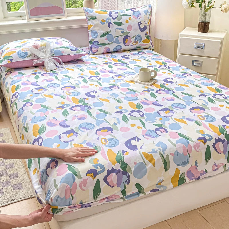 Cotton Fitted Sheet Single Double Queen Size Printed Mattress Cover With Elastic Band Bedsheet Soft Comfortable Fitsheet