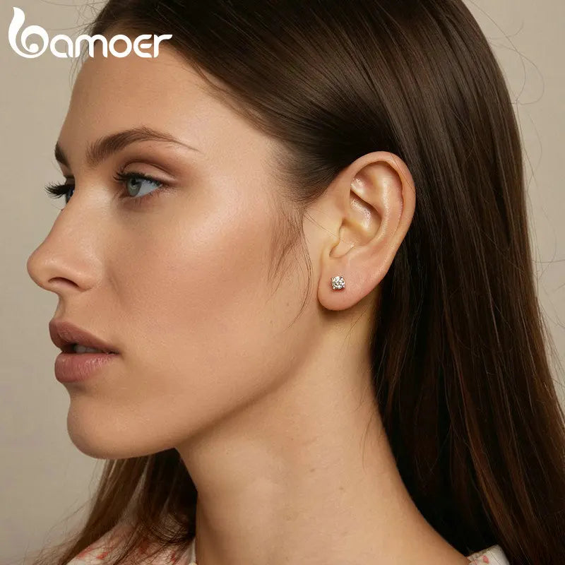 BAMOER Gold Plated Round Moissanite Stud Earrings for Women, 925 Sterling Silver Classic Engagement Wedding Jewelry Gift MSE038