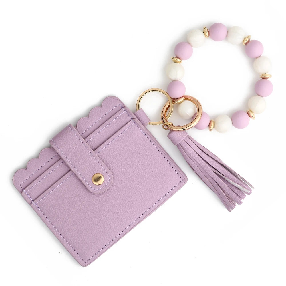 Hemasa Silicone Bead Bracelet  Leather Card Bag Wristlet Keychain Silicone Beaded Bracelet Leather Tassel Wallet Bangle