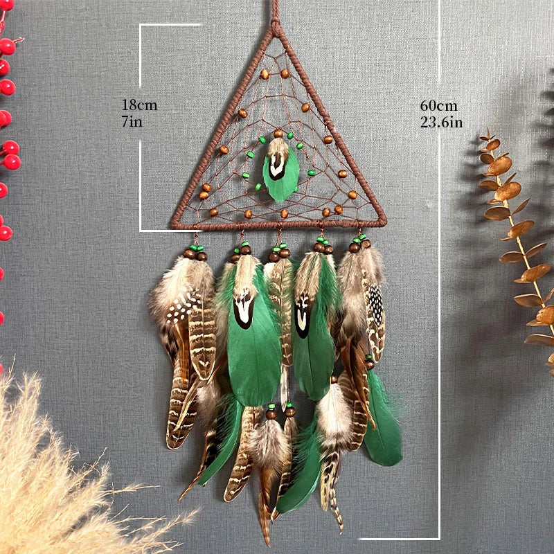 Tejesa Triangle Dream Catcher Wind Chimes Hand-woven Feather Living Room Wall Hanging Ornaments Christmas Gift Home Decoration