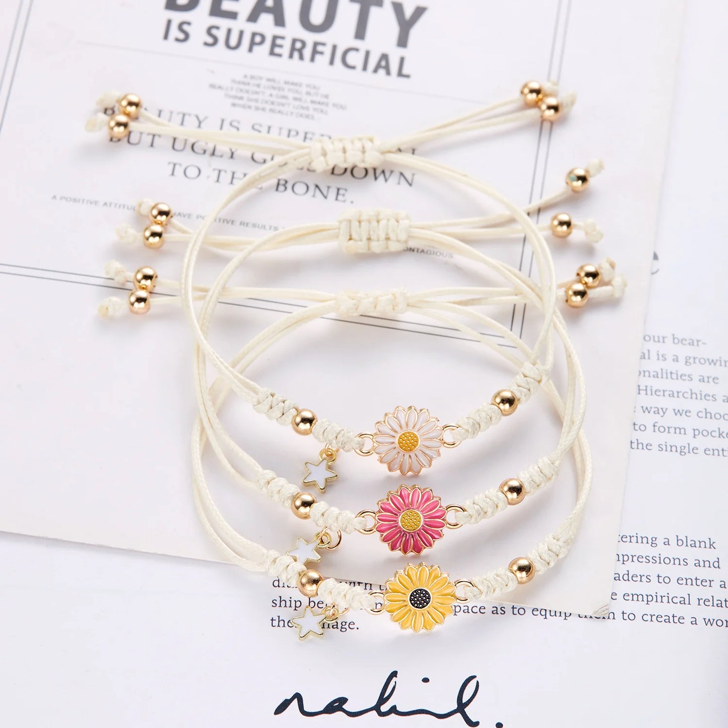 Hemasa Set of 3 Lucky Knot Sunflower Bracelets for Women /Colourful Daisy Flower Bracelet Friendship Jewelry Gifts