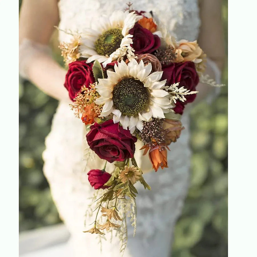 Tejesa Autumn Wedding Bouquet Vintage Terracotta Orange Sunflower Rose Bridal Cascading Bouquets for Fall Wedding Ceremony