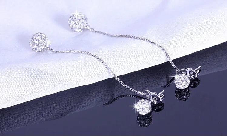 High Quality 925 Sterling Silver Rhinestone Earrings Double Crystal Ball Long Tassel Stud Earrings Brincos De Prata For Women