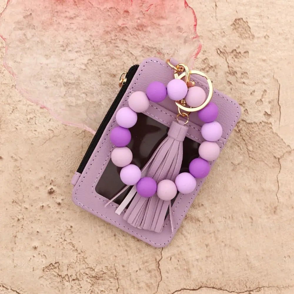 Hemasa Bohemian Style Card Holder Bracelet Keychain Floral Design Faux Leather Beaded Tassel Keychain Tassel Beaded Detail