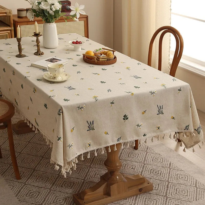 Linen Embroidery Garden Tablecloth with Fringe Cotton Linen Floral Printed Tassel Table Cover Luxury Flax Cloth Home Decoration