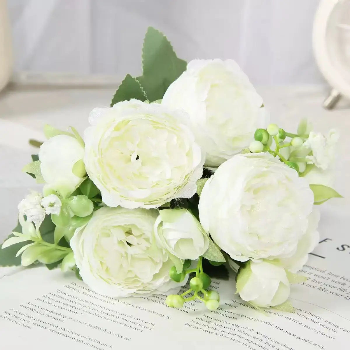 30cm Rose Pink Silk Peony Artificial Flowers Bouquet 5 Big Head and 4 Bud Cheap Fake Flowers for Home Wedding Decoration indoor