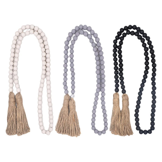 Wood Bead Garland with Tassels Rustic Decor Prayer Boho Beads Hanging Decor