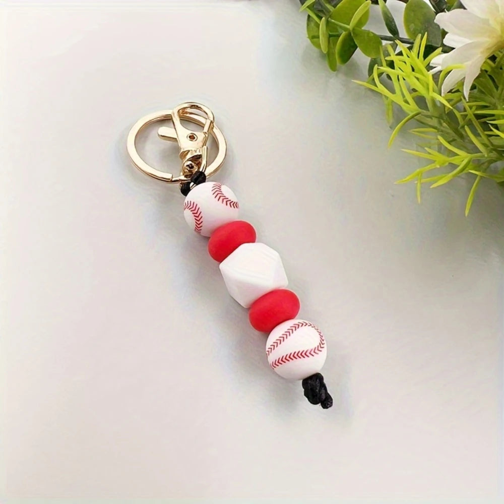 LOFCA Basketball Football Silicone Beaded Keychain Handmade Wood Beads Keychain Charm Backpack  Pendant  Accessories Keyring