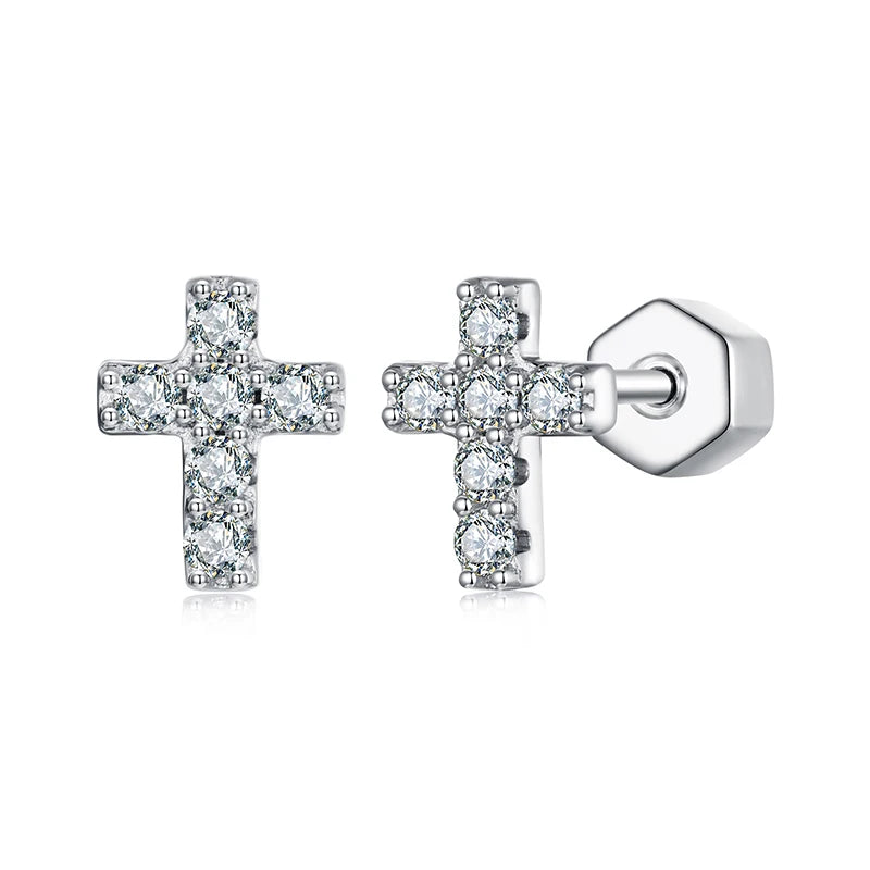 BAMOER White Gold Plated Moissanite Cross Earrings for Women, 925 Sterling Silver Small Religious Faith Cross Studs Huggies