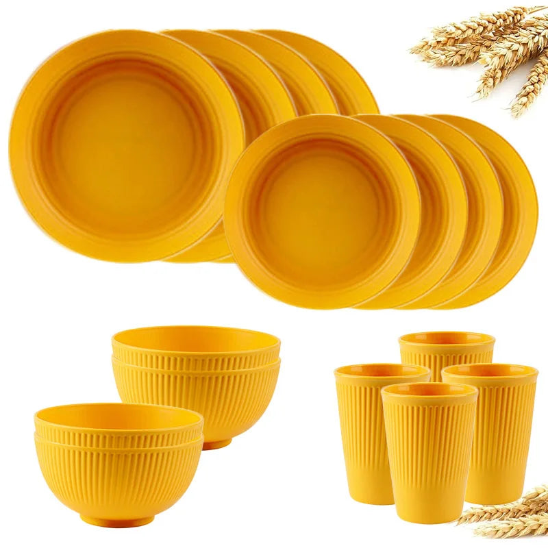 4/16Pcs Wheat Straw Ramen Bowl Tableware Dishes Full Tableware Of Plates Bowl Dinner Dishes Set Camping Tableware Dishes Set
