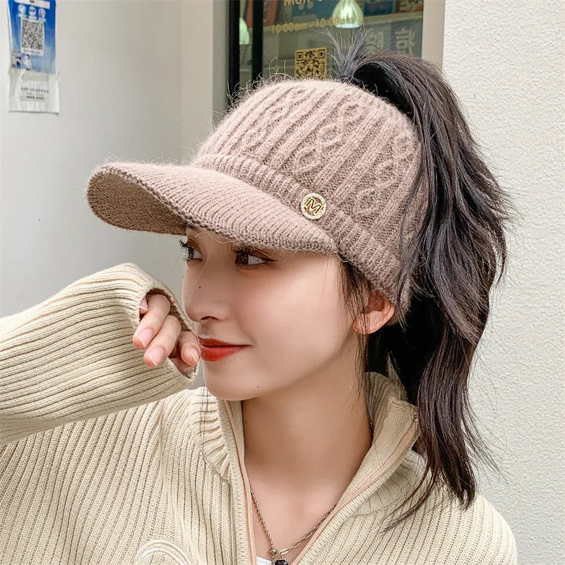 Women's autumn and winter empty top hat knitted rabbit fur and plush thickened warm ear protection duck tongue baseball cap