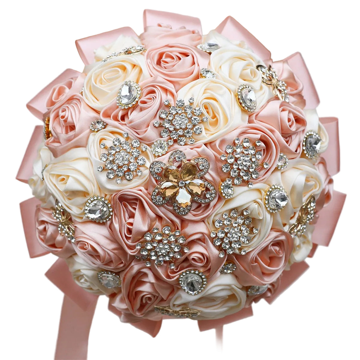 Tejesa Ivory Champagne Bridal Wedding Bouquet with Crystal Artificial Silk Rose Flower Bouquet for Quinceanera Bride Wedding