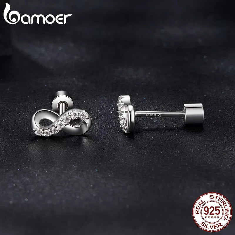 BAMOER White Gold Plated Moissanite Infinite Love Earrings for Women, 925 Sterling Silver Elegant Studs Huggies Christmas Gift