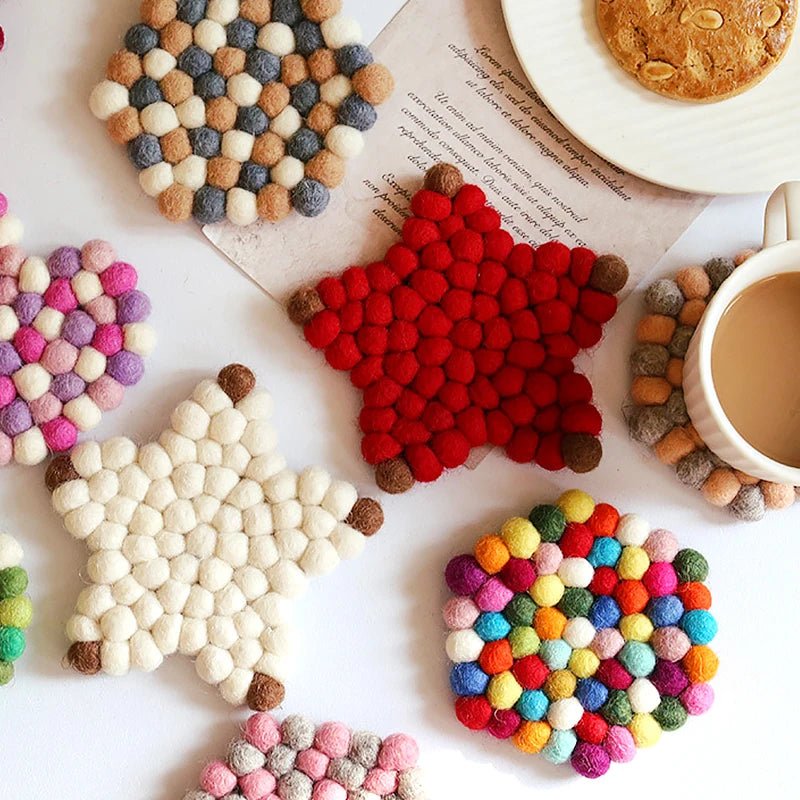 Hemasa Colorful Wool Felt Balls Coaster Hexagon /Heart /Star Shape Coasters