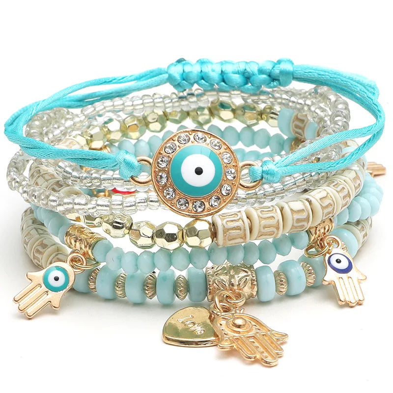 6Pcs Bohemian Evil Eye Bracelet Set For Women Fatima Hand Heart Charm Beaded Rope Chain Bangle Female Jewelry Gift