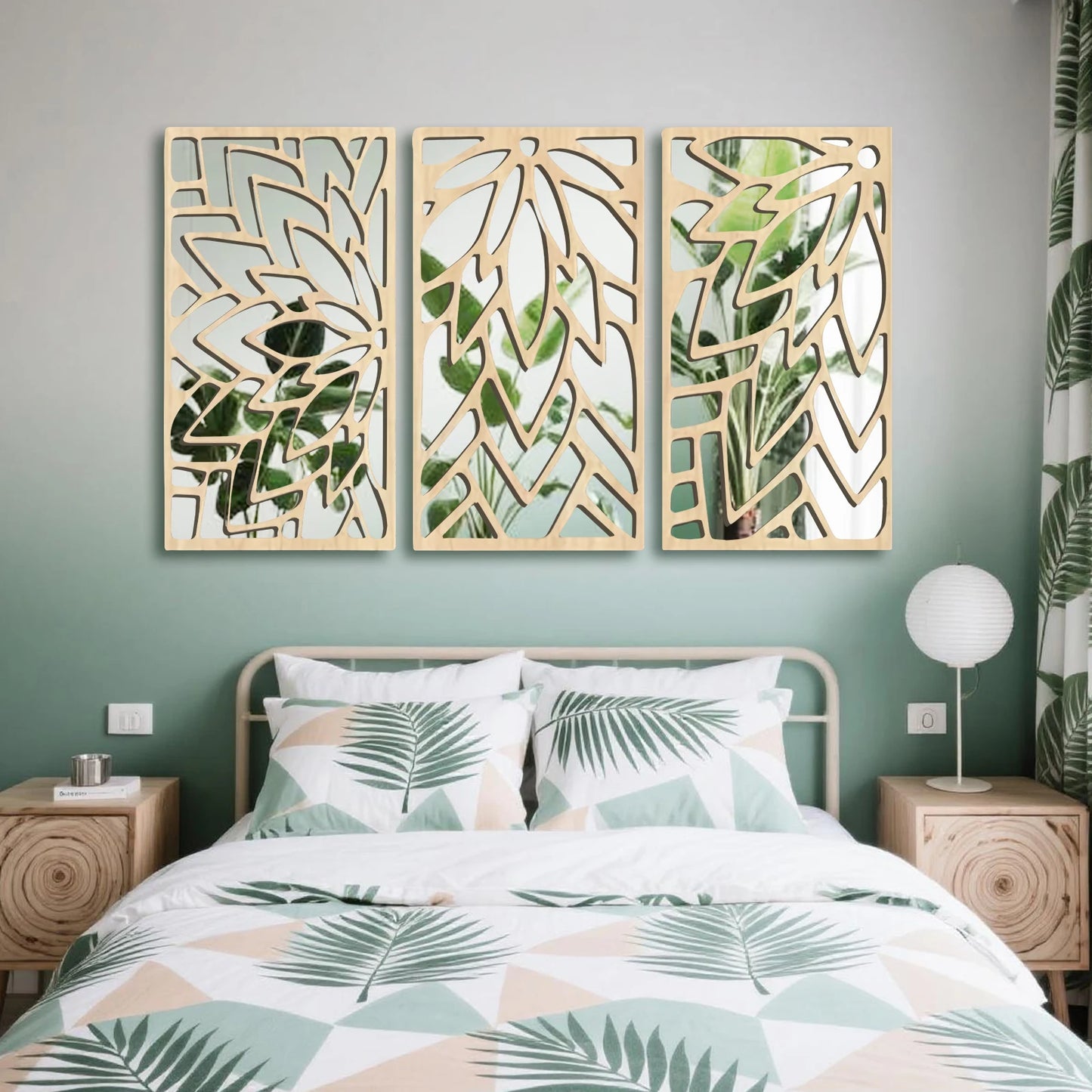 Hemasa 3Pcs 2D 16in Wooden Acrylic Double-Layer Wall Mirror Hollow Leaf Design Refined Lifestyle Artistic Home Decorative Mirror
