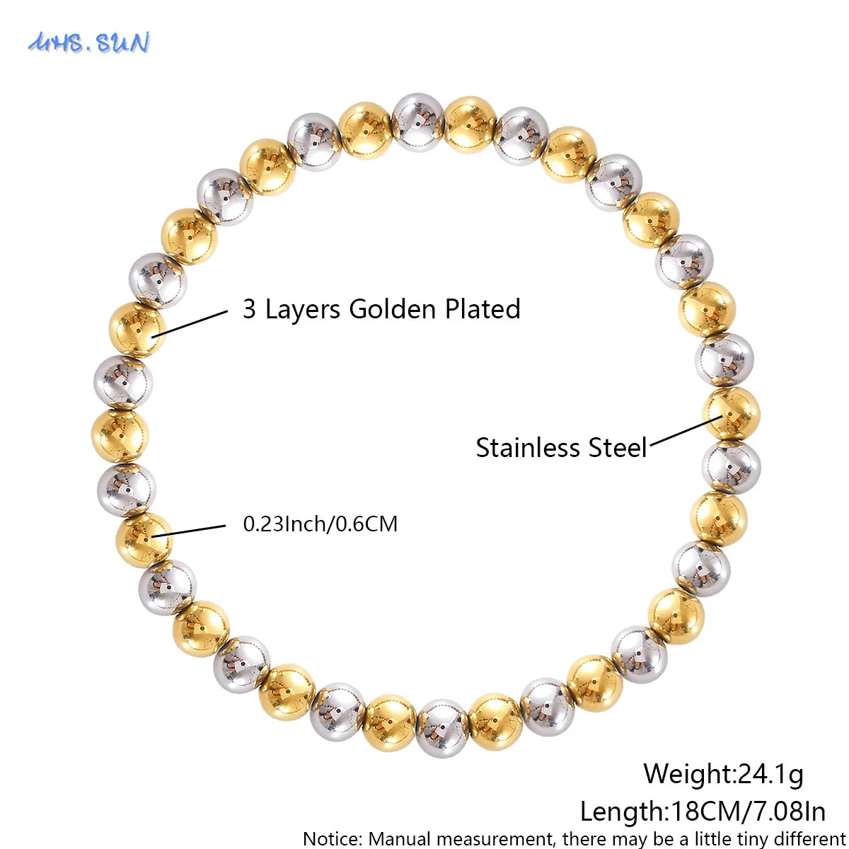 MHS.SUN Fashion Waterproof Smooth Stainless Steel Bracelets 2-10mm Elastic Beaded Gold Plated Stackable Bracelet Women Jewelry