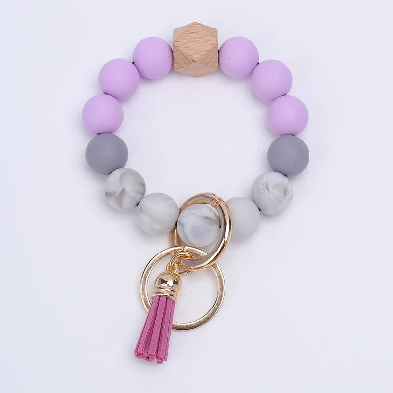 New Anti-Loss Women Wristlet Bracelet Keychain Silicone Round Beaded Keyring For Lobster Clasp Keychain Jewelry Bracelet