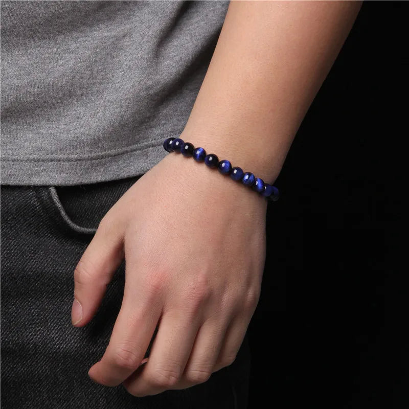Hemasa Cool Royal Blue Tiger Eye Bracelets Natural Stone Tiger Eye Beaded Bracelets Pulsera Hombre Men Adjustable Woven Rope Bracelets