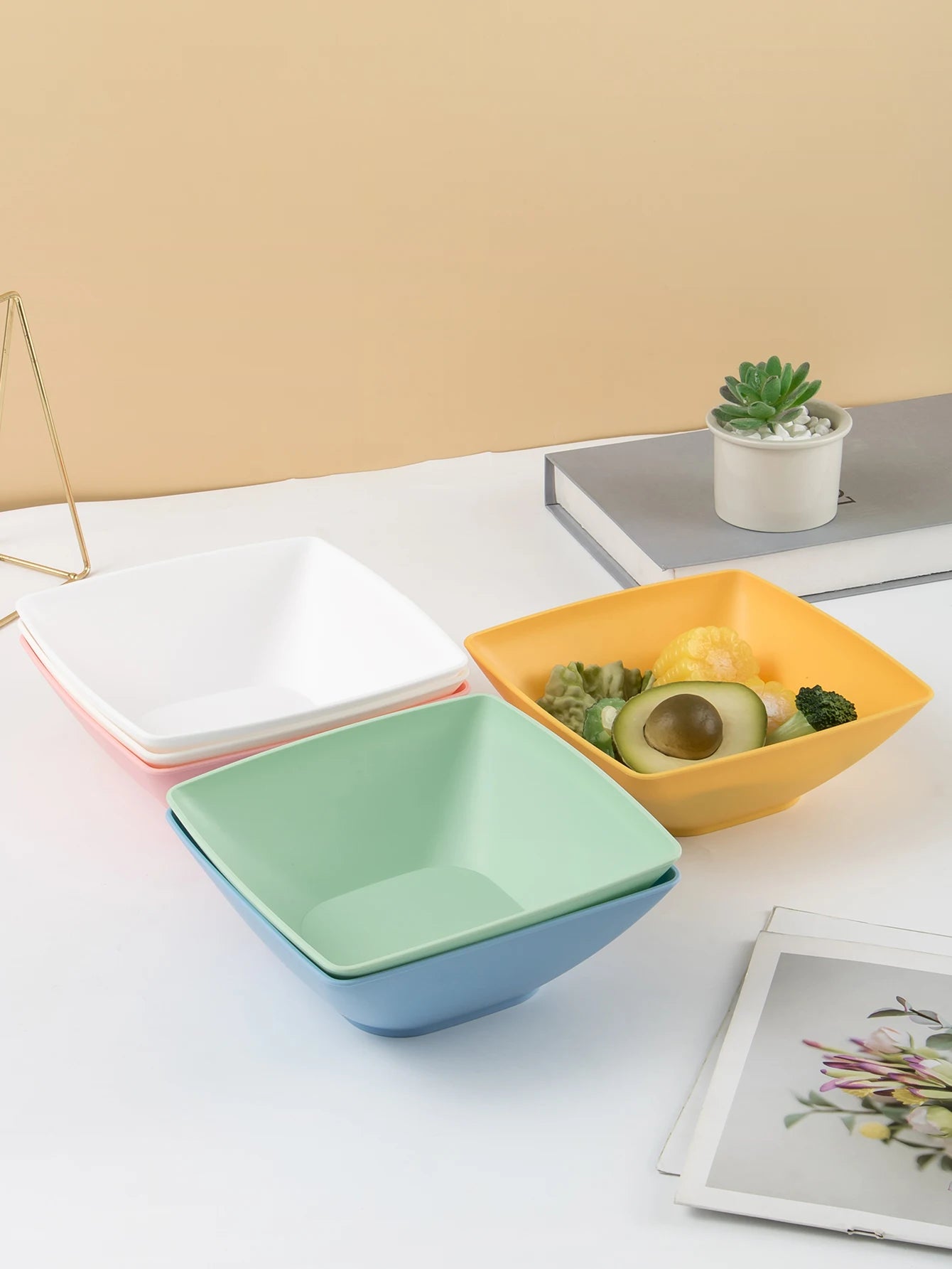 Tejesa 6pcs Large size plastic square bowls reusable household plastic tableware can be used for soup noodles oatmeal salad