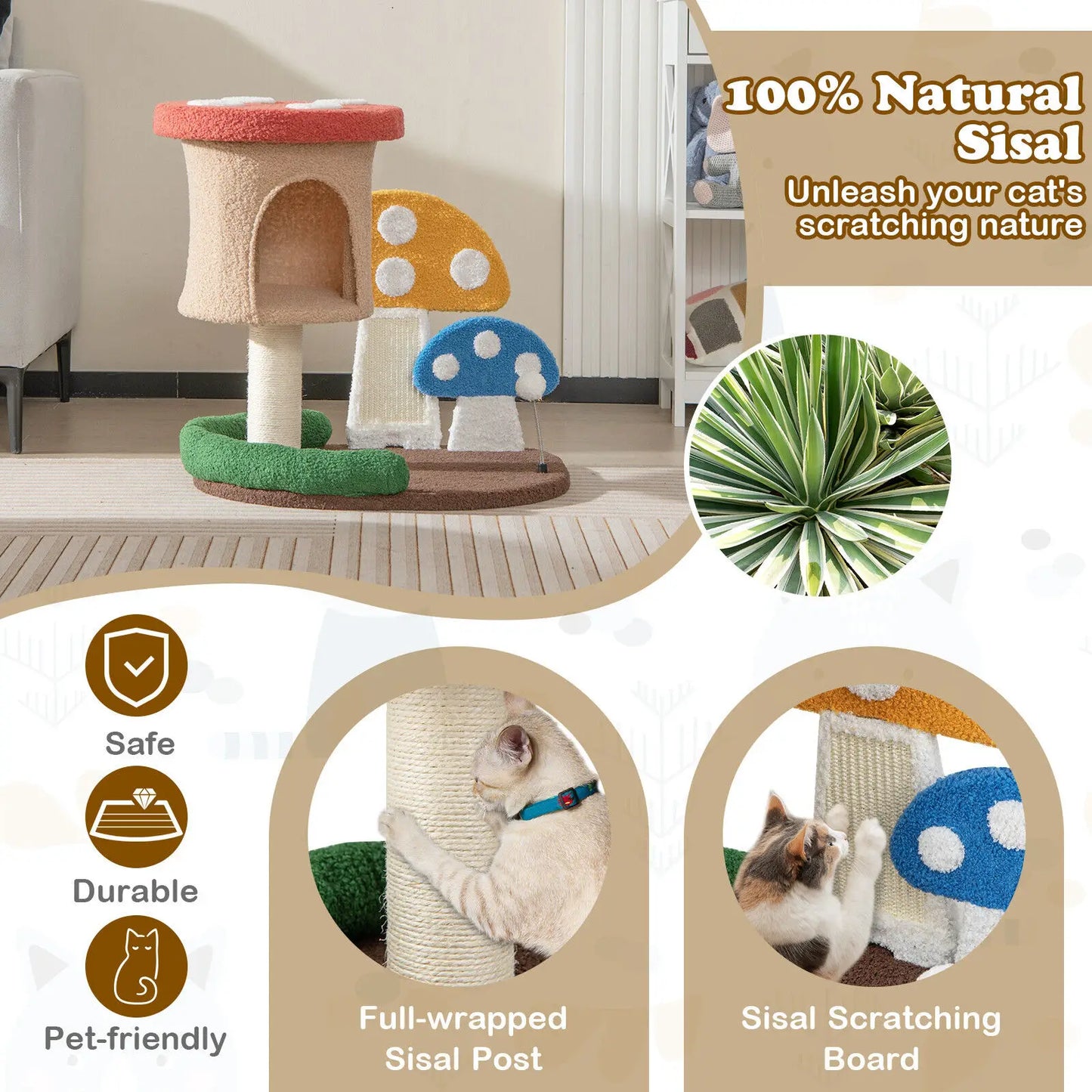DORTALA 4-In-1 Cat Tree Mushroom Cat Tower Wooden Cat Activity Center Climbing Stand