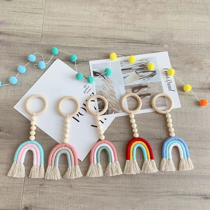Handmade Woven Cotton Rope Rainbow Decoration Natural Wooden Bead Tassels Garland String Wall Hanging Ornament Home Decoration