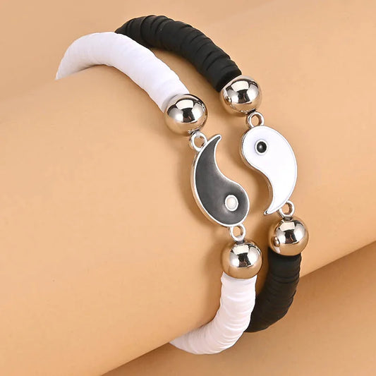 2Pcs/Set Tai Chi Yin Yang Bracelet for Women Girls Best Friends Black White Clay Beads Bracelets Fashion Friendship Jewelry