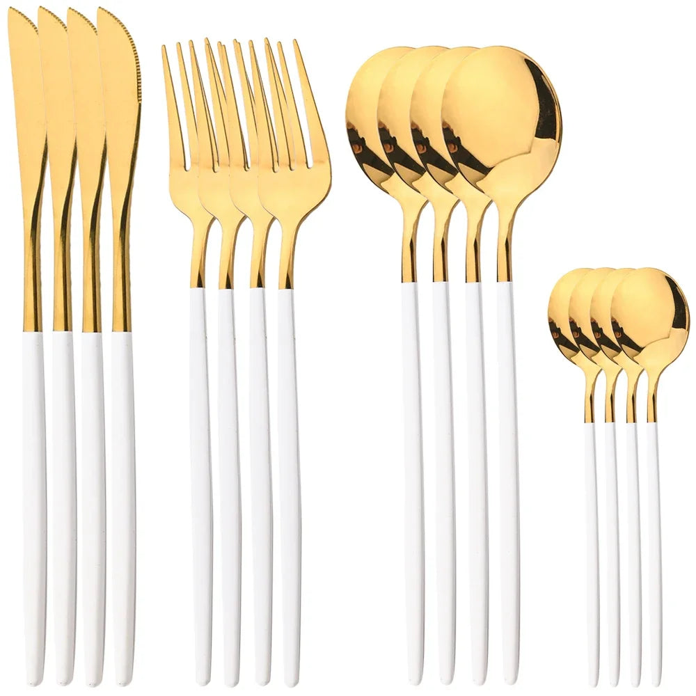 Hemasa 16Pcs Cutlery Set Stainless Steel Mirror TablewareDinner Black Gold Dinnerware Set Knife Fruit Fork Spoon Silverware Kitchen