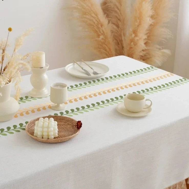 Hemasa Cotton Linen Green leaf embroidery with Tassel Rectangular Table Cloth