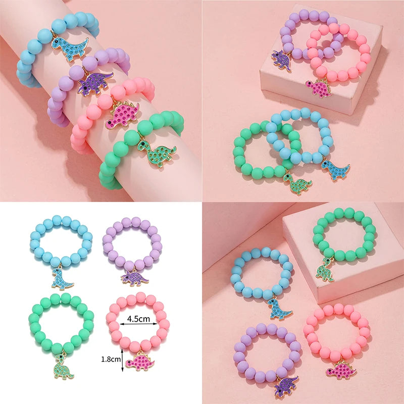 4Pack Cute Cartoon Dinosaur Charm Handmade Elastic Bracelets for Girls Jewelry Gift