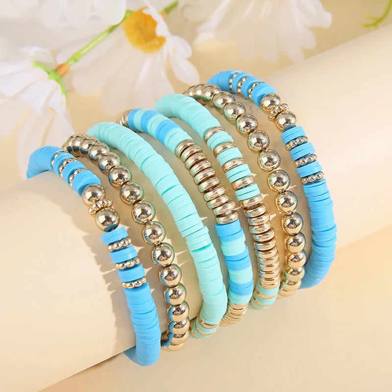 Hemasa 6/7pcs Bohemian Polymer Clay Bracelets Set for Women  /Multilayer Elastic Colorful Beads Bracelet
