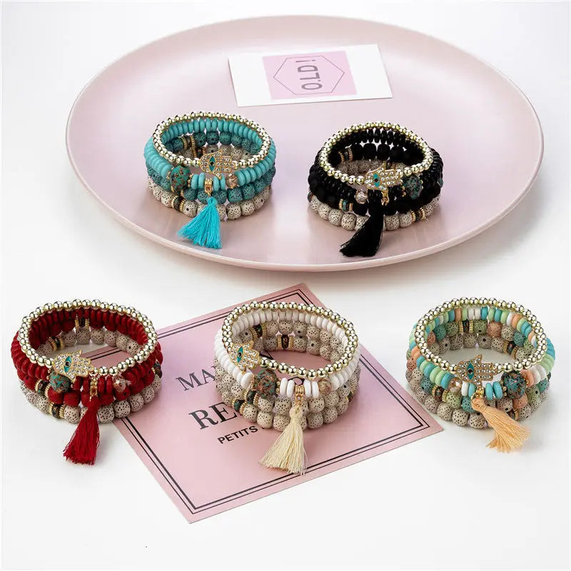 Hemasa  Evil Eye Tassel Bracelet Set For Women  / Stone Beads Chain Bangle Female Bohemian Jewelry Gift