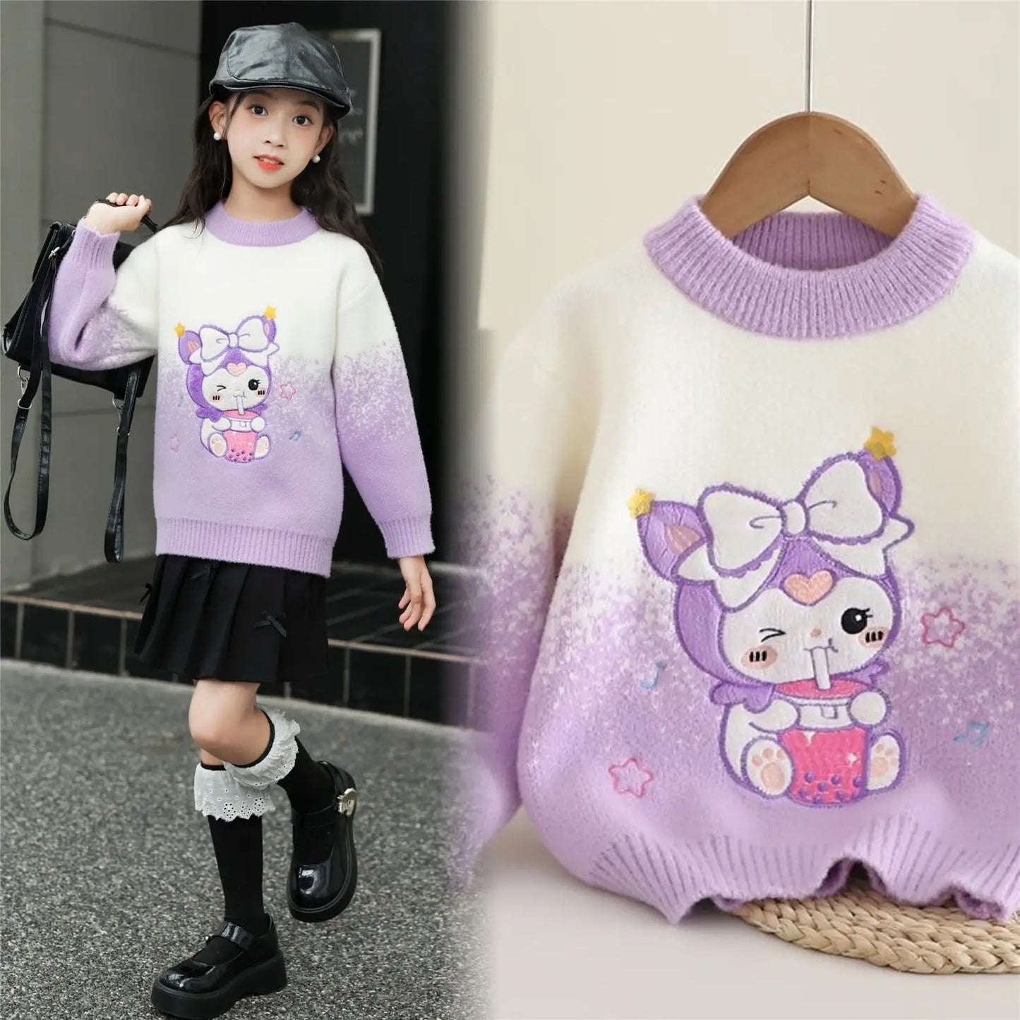 Girls Trend Sweater 2024 New Autumn and Winter Outfit Knit Pullover Sweater Girls Cartoon Kuromi Tops Children Casual Base Shirt