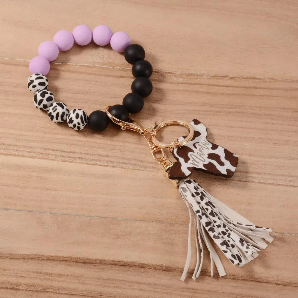 Western Style California Bison Head Shape Shiplap Wooden Engraved MAMA Wristlet Cow Patterns Silicone Beads Bracelet Keychain