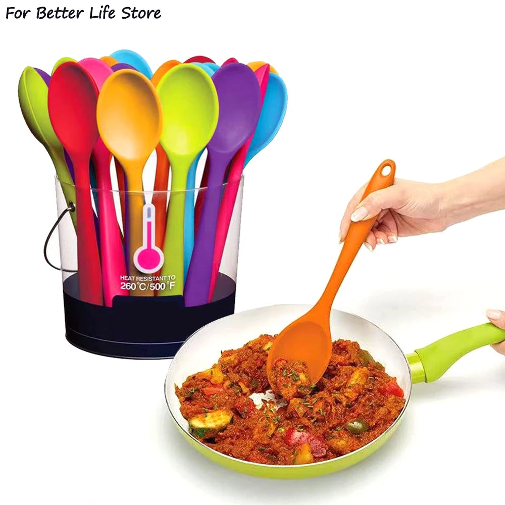 Hemasa  1Pc Soft Silicone Spoon Stirring  Long Handle Tableware Cooking Utensils Ladle Kitchen Accessories