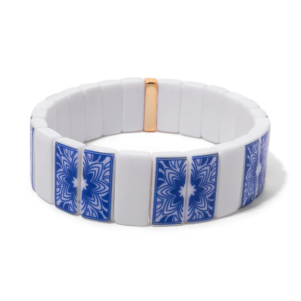 8x16mm Plastc Chinese Blue and White Porcelain Texture Beaded Bracelets For Women Handmade Spring Hand Accessory