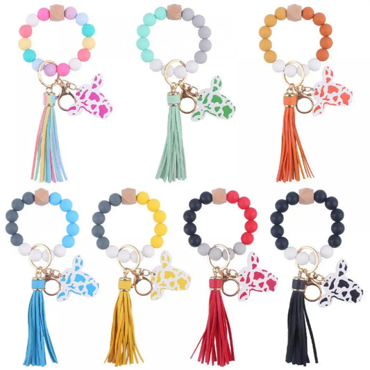 Fashion Colorful Silicone Round Beads Keychain Cartoon Cow Head Wooden Sign Keyring For Women Bracelet Tassel Pendant Key Chain