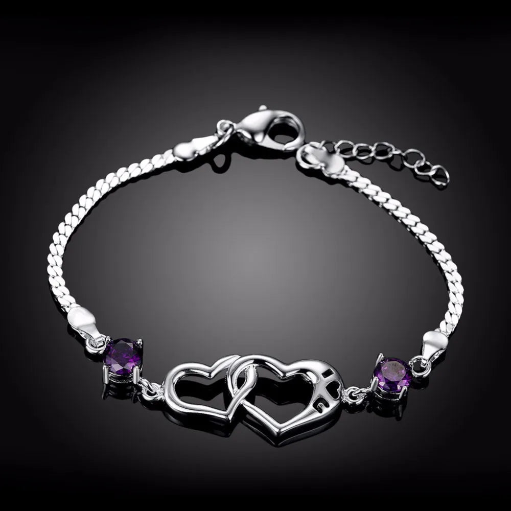 Lekani 925 Sterling Silver Double Heart Charm Bracelet For Women Fine Jewelry Purple Zirconia Pulseras Wedding Gift