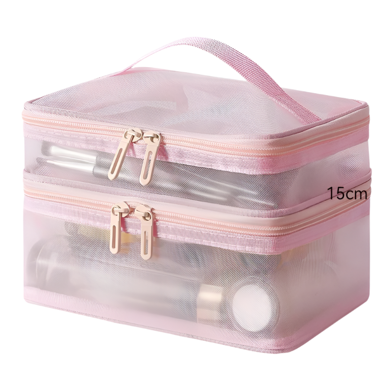 Hemasa Double Layer Mesh Cosmetic Bag  for Women/ Portable Make Up Case Big Capacity Travel Zipper Makeup Organizer Toiletry Storage Box