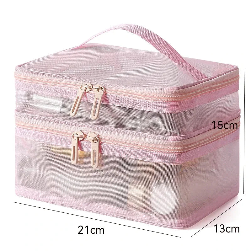 Hemasa Double Layer Mesh Cosmetic Bag  for Women/ Portable Make Up Case Big Capacity Travel Zipper Makeup Organizer Toiletry Storage Box