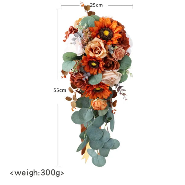 Tejesa Autumn Wedding Bouquet Vintage Terracotta Orange Sunflower Rose Bridal Cascading Bouquets for Fall Wedding Ceremony