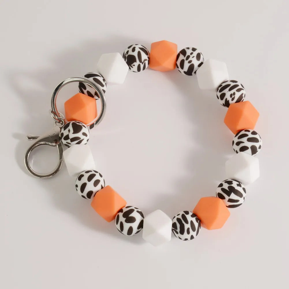 Heamsa  Bangle Mint White Cows Print Silicone Beads Cow Print MAMA Keychain Wristlet Fashion Bag Pendants Gifts for Women