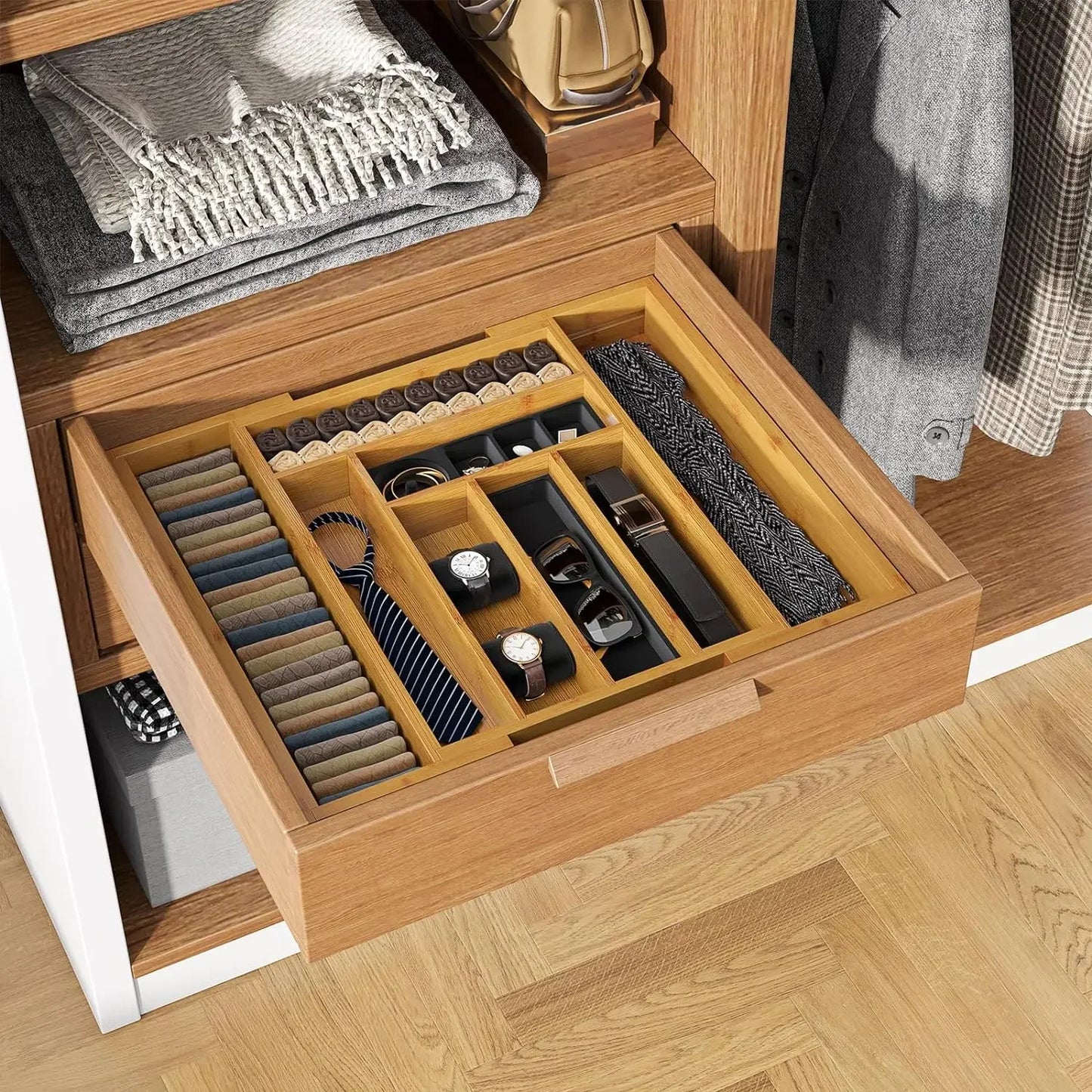 Tejesa Adjustable Bamboo Cutlery Drawer Organizer for Kitchen Utensils Storage Tray Expandable Bamboo Utensil Holder for Kitchen Drawer