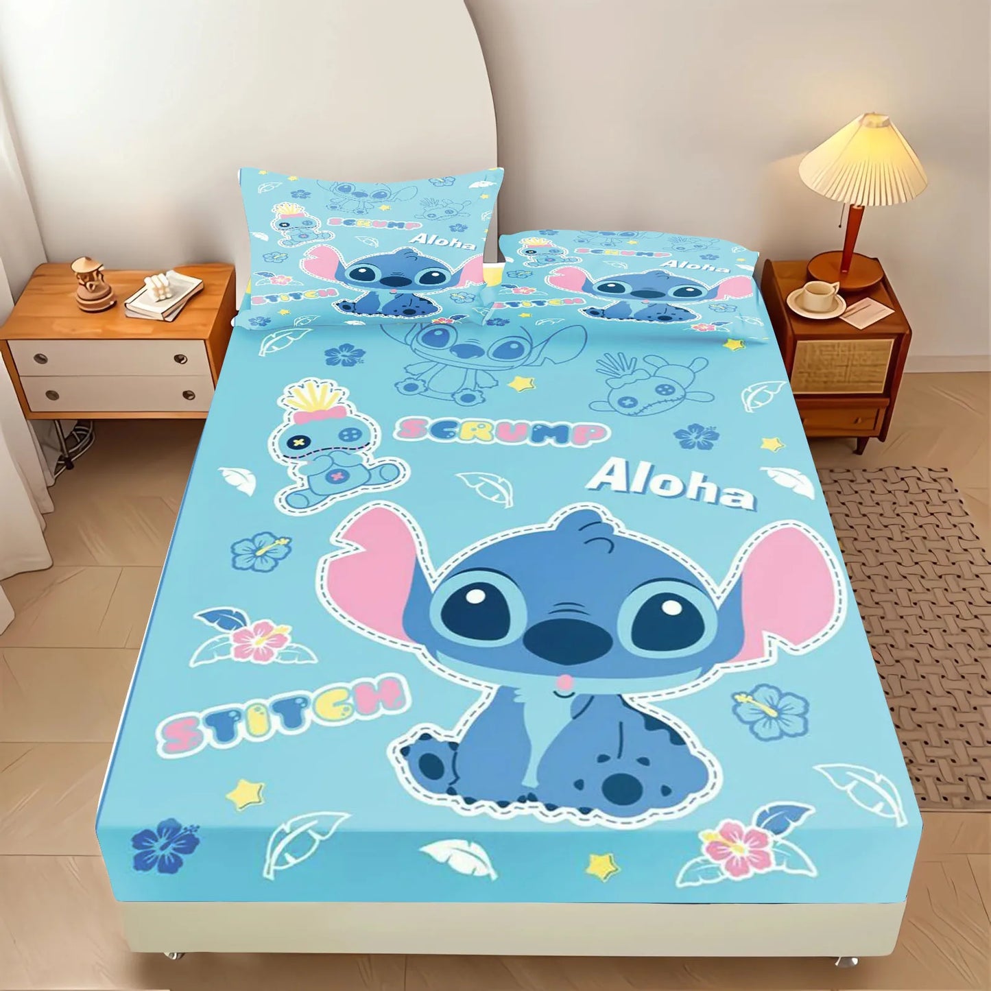 Stitch Fitted Sheet 100% Polyester Bedding Set With Pillowcase Suitable For Children And Adults Anime Kawaii