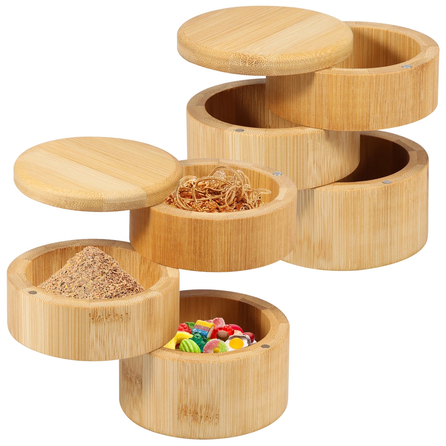 Tejesa 3Tier Salt Box Spice Jar Kitchen Seasoning Jar Bamboo Pepper Container Jar with Magnetic Lid Candy Earring Jewelry Salt Storage
