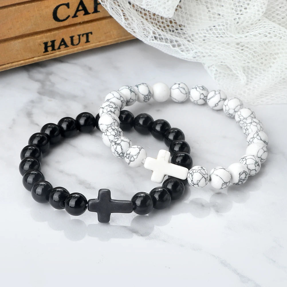 Jesus Cross Men Bracelet Natural Stone Black Lava Turquoises Onyx Beads Charm Bracelets Women Yoga Bangles Prayer Jewelry Gifts
