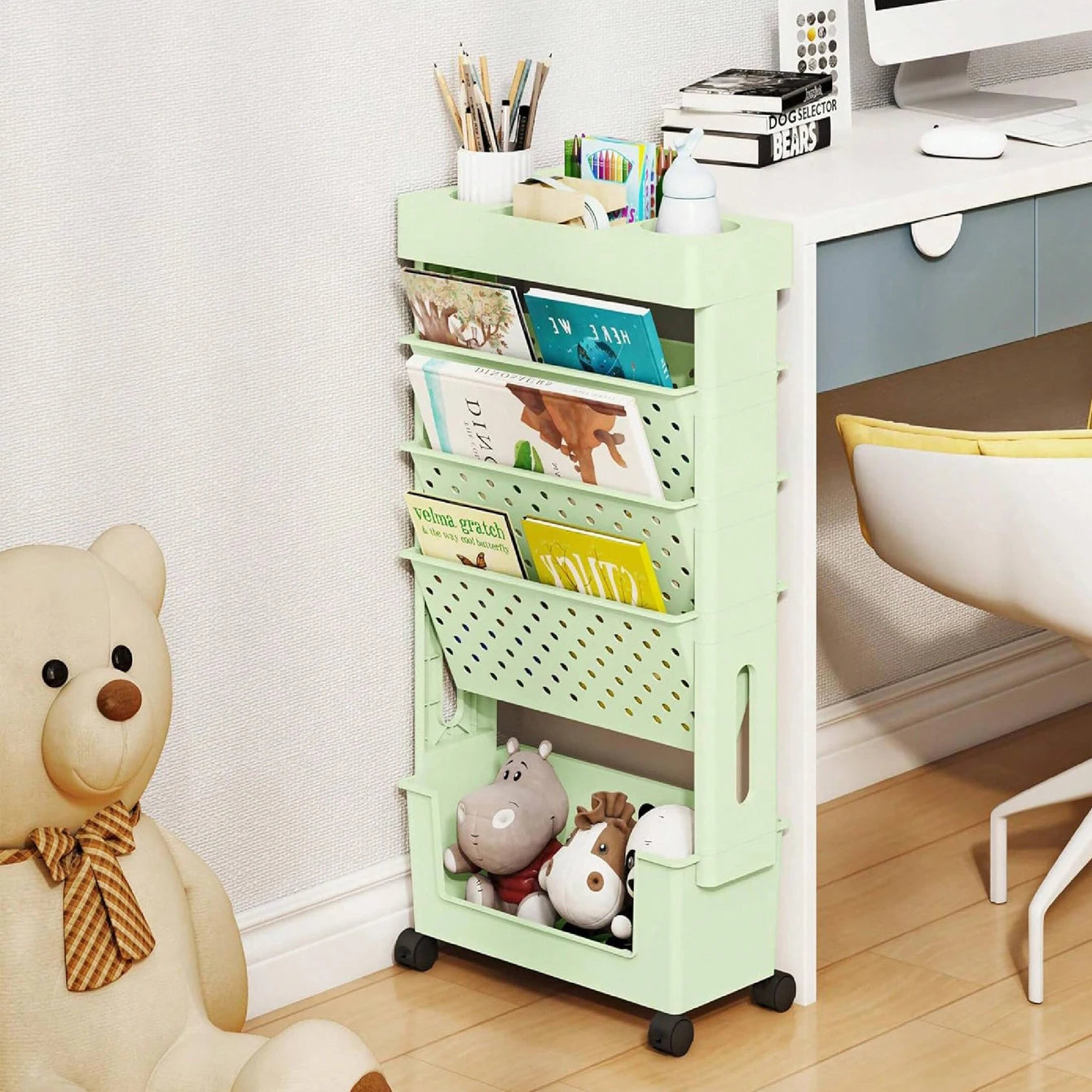 1pc 5 Tier Book Rack Storage Bookshelf, Multilayer Capacity Rotatable Removable Plastic Practical Rolling Organization