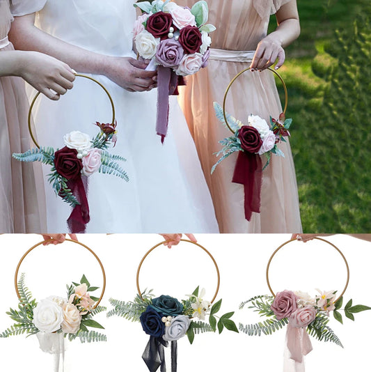 YeeNanee Wedding Gold Hoop Bouquet for Bridesmaids Floral Rose Eucalytpus Metal Ring Wreath Bridal Shower Ceremony Decoration
