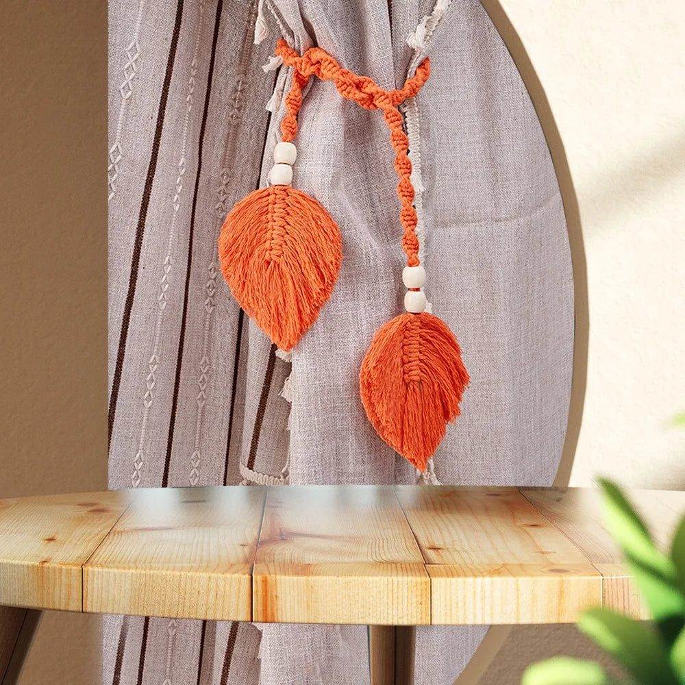 Boho Curtain Tiebacks Leaf Curtain Buckles with Wooden Bead Cotton Rope Hand-Woven Curtain Straps for Home Bedroom Decoration